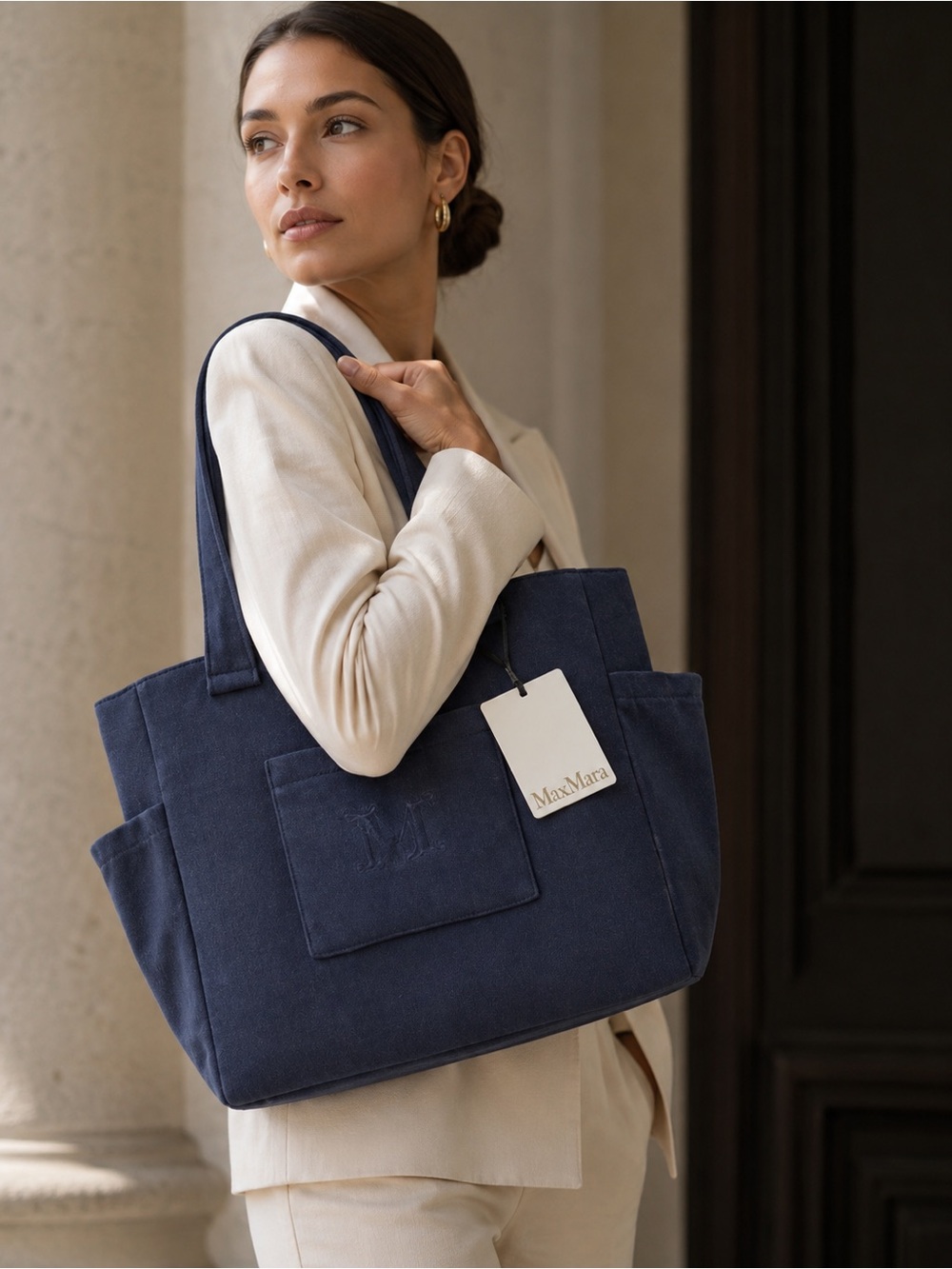 MaxMara Navy Tote with Exterior Pocket -GWP